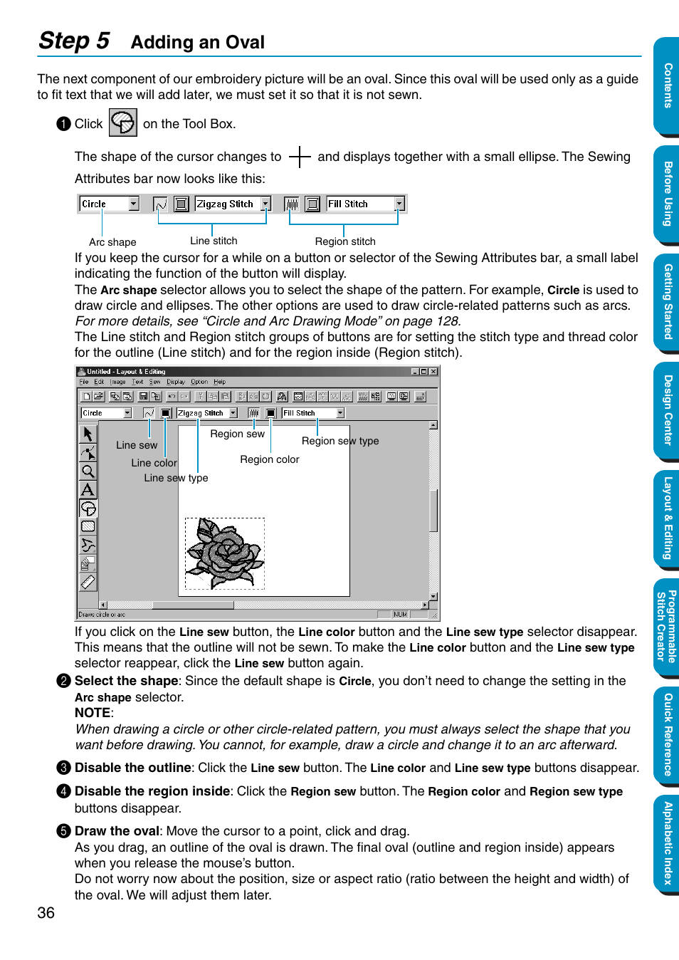 Step 5 adding an oval, Adding an oval, Step 5 | Brother PE-DESIGN Ver.5 User Manual | Page 44 / 274