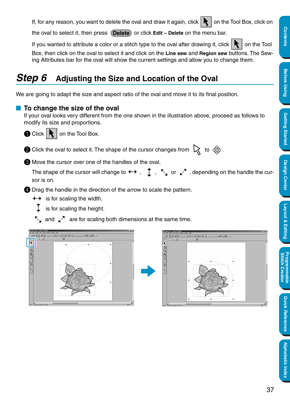 Step 6 adjusting the size and location of the oval, To change the size of the oval, Adjusting the size and location of the oval | Step 6 | Brother PE-DESIGN Ver.5 User Manual | Page 45 / 274