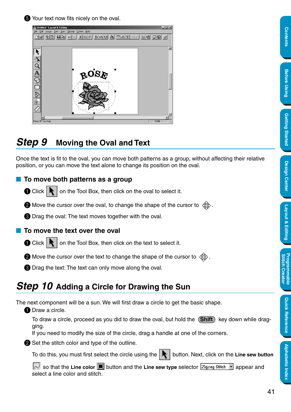 Step 9 moving the oval and text, To move both patterns as a group, To move the text over the oval | Step 10 adding a circle for drawing the sun, Moving the oval and text, Adding a circle for drawing the sun, Step 9, Step 10 | Brother PE-DESIGN Ver.5 User Manual | Page 49 / 274