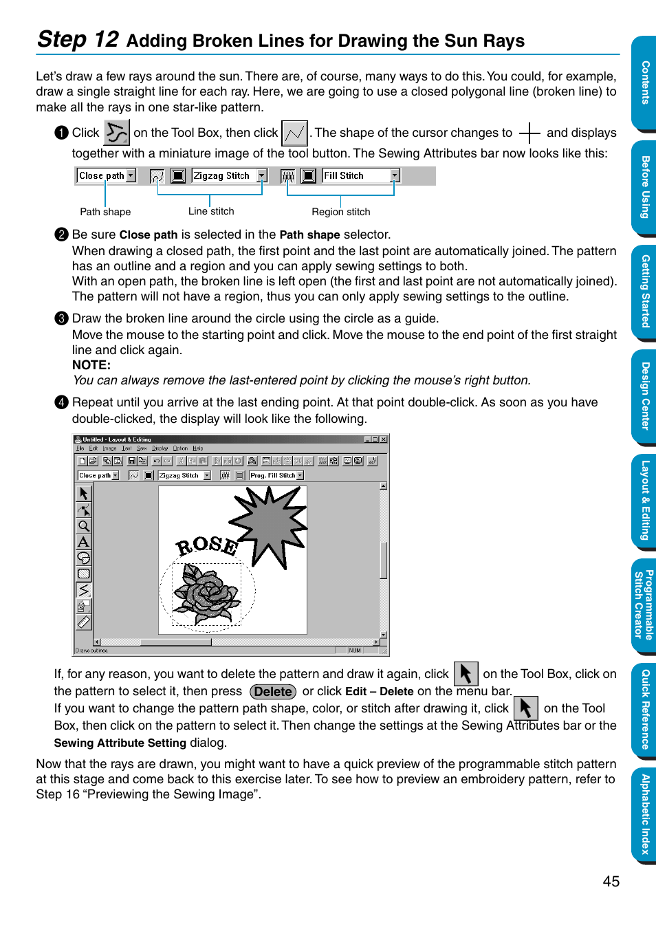 Adding broken lines for drawing the sun rays, Step 12 | Brother PE-DESIGN Ver.5 User Manual | Page 53 / 274