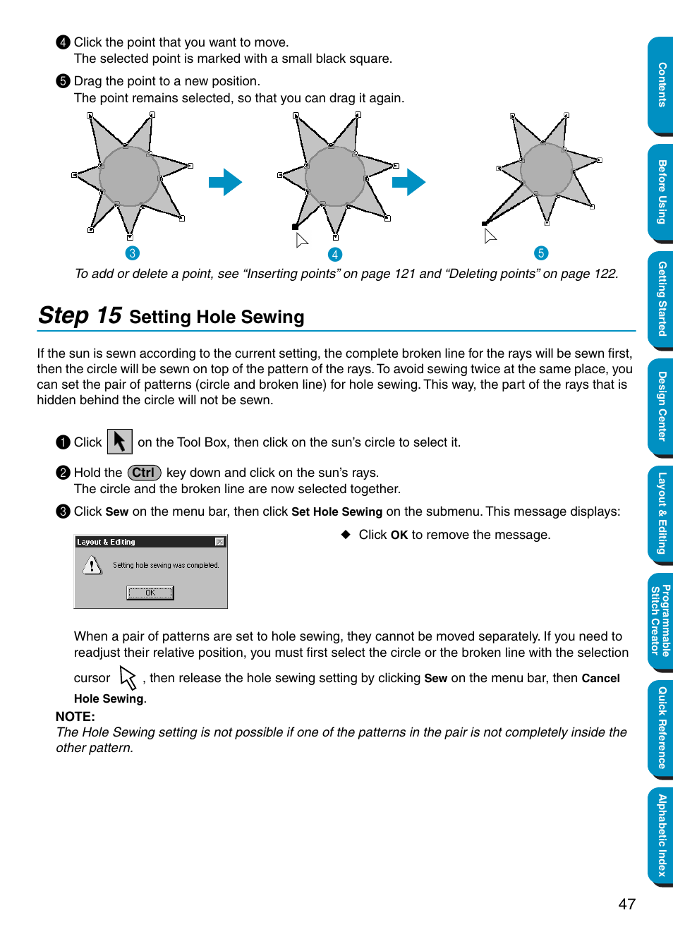 Step 15 setting hole sewing, Setting hole sewing, Step 15 | Brother PE-DESIGN Ver.5 User Manual | Page 55 / 274