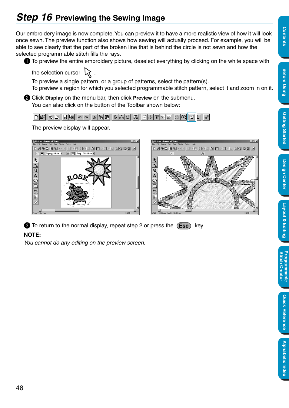 Step 16 previewing the sewing image, Previewing the sewing image, Step 16 | Brother PE-DESIGN Ver.5 User Manual | Page 56 / 274
