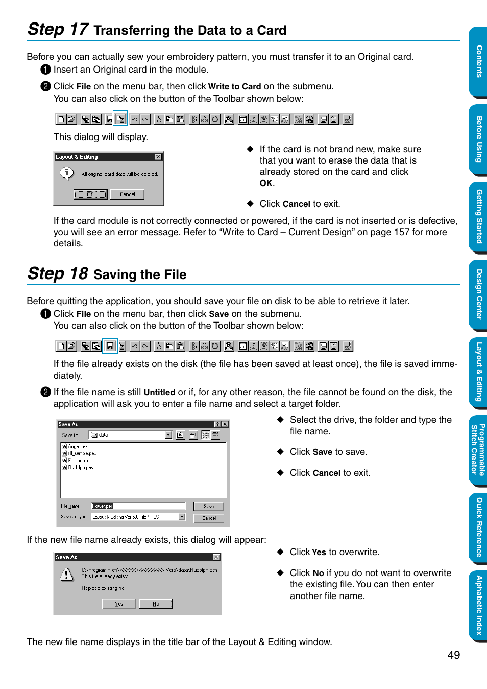 Step 17 transferring the data to a card, Step 18 saving the file, Transferring the data to a card saving the file | Step 17, Step 18, Transferring the data to a card, Saving the file | Brother PE-DESIGN Ver.5 User Manual | Page 57 / 274