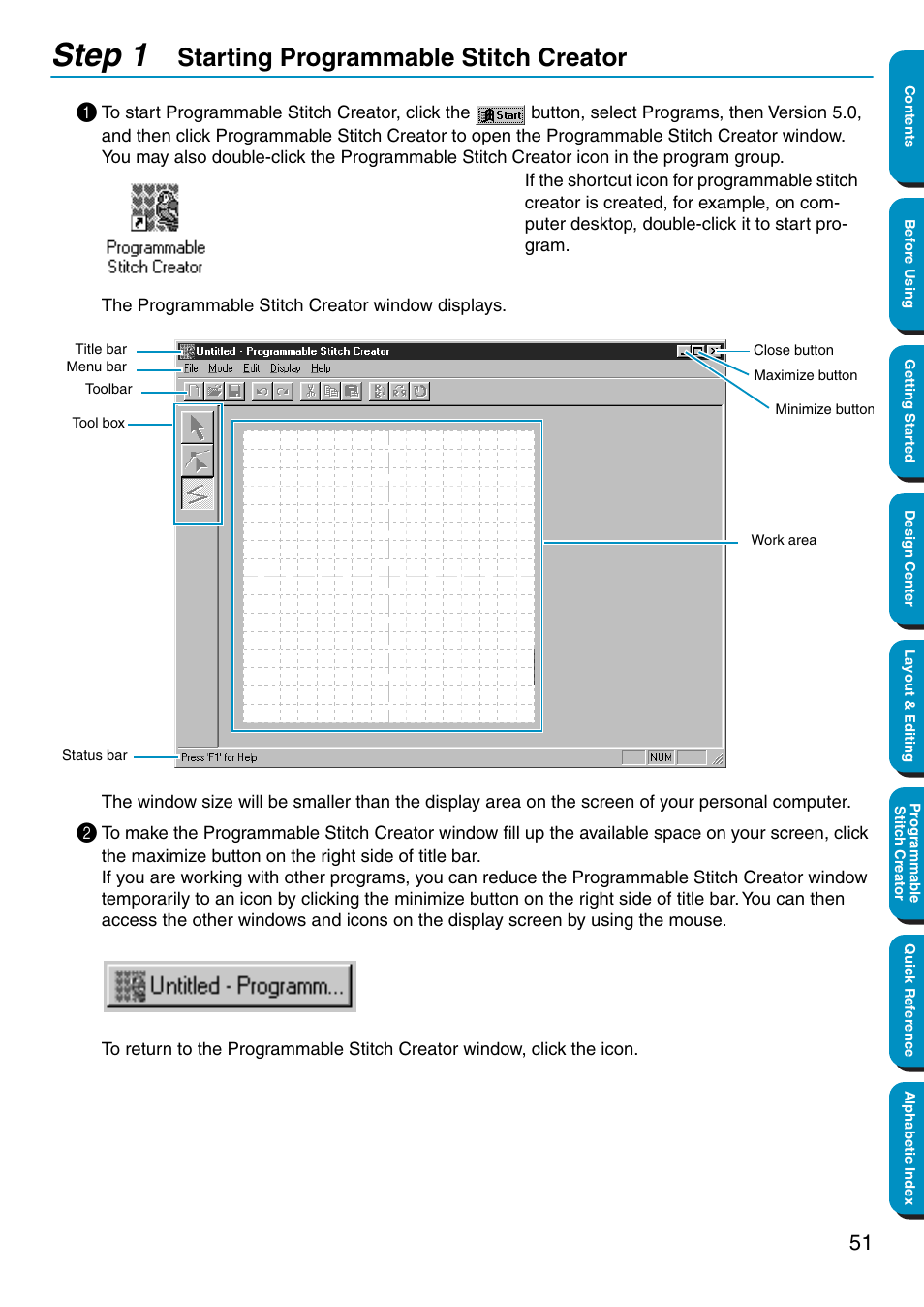 Step 1 starting programmable stitch creator, Starting programmable stitch creator, Step 1 | Brother PE-DESIGN Ver.5 User Manual | Page 59 / 274