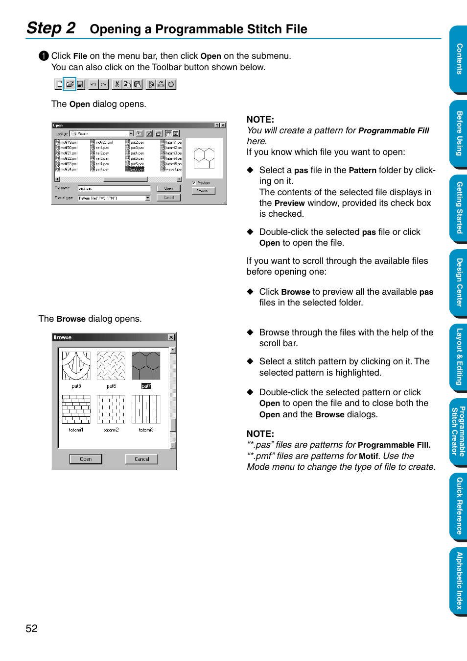 Step 2 opening a programmable stitch file, Opening a programmable stitch file, Step 2 | Brother PE-DESIGN Ver.5 User Manual | Page 60 / 274