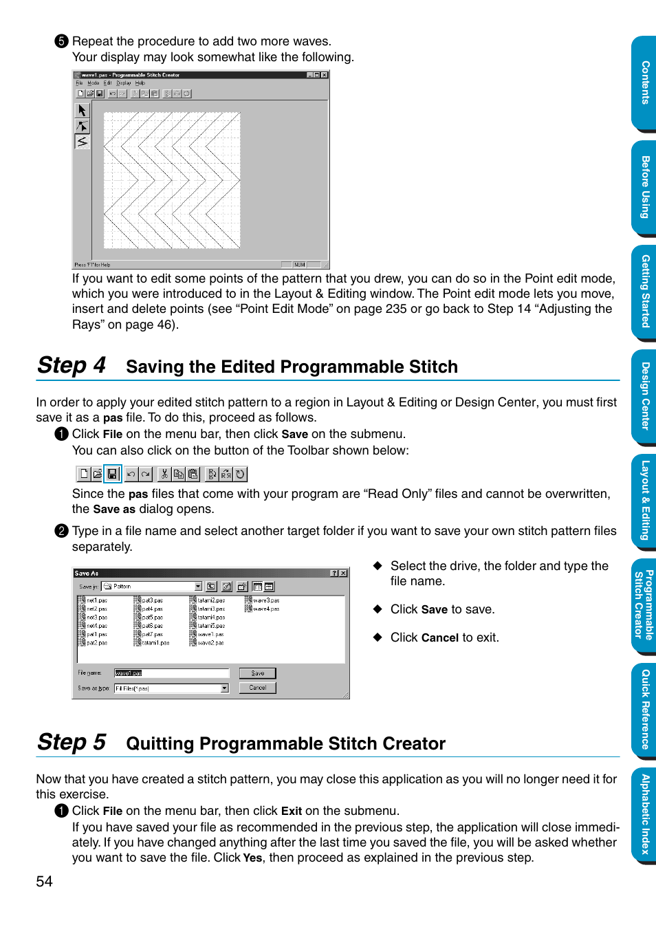 Step 4 saving the edited programmable stitch, Step 5 quitting programmable stitch creator, Step 4 | Step 5, Saving the edited programmable stitch, Quitting programmable stitch creator | Brother PE-DESIGN Ver.5 User Manual | Page 62 / 274