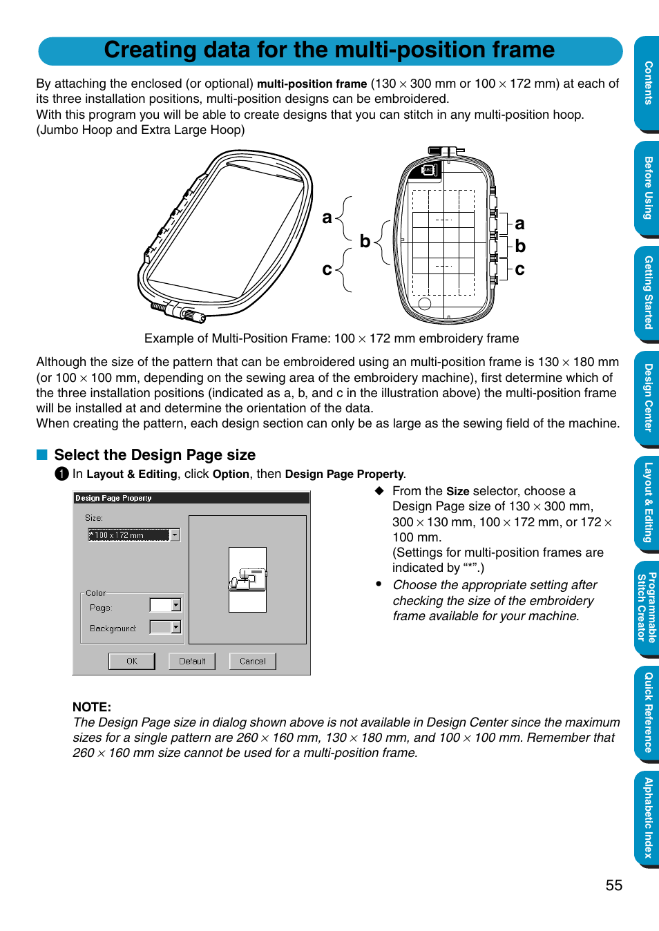 Creating data for the multi-position frame, Select the design page size 1 | Brother PE-DESIGN Ver.5 User Manual | Page 63 / 274