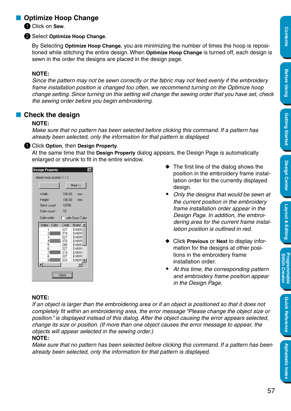 Optimize hoop change, Check the design, Optimize hoop change • check the design | Optimize hoop change 1 | Brother PE-DESIGN Ver.5 User Manual | Page 65 / 274