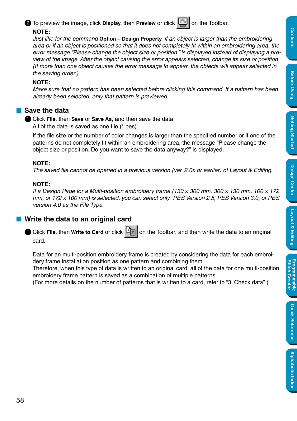 Save the data, Write the data to an original card, Save the data • write the data to an original card | Save the data 1, Write the data to an original card 1 | Brother PE-DESIGN Ver.5 User Manual | Page 66 / 274