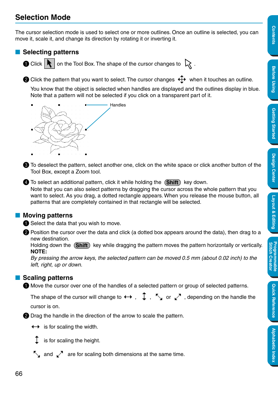 Selection mode, Selecting patterns, Moving patterns | Scaling patterns, Moving patterns • scaling patterns, Selecting patterns 1, Moving patterns 1, Scaling patterns 1 | Brother PE-DESIGN Ver.5 User Manual | Page 74 / 274
