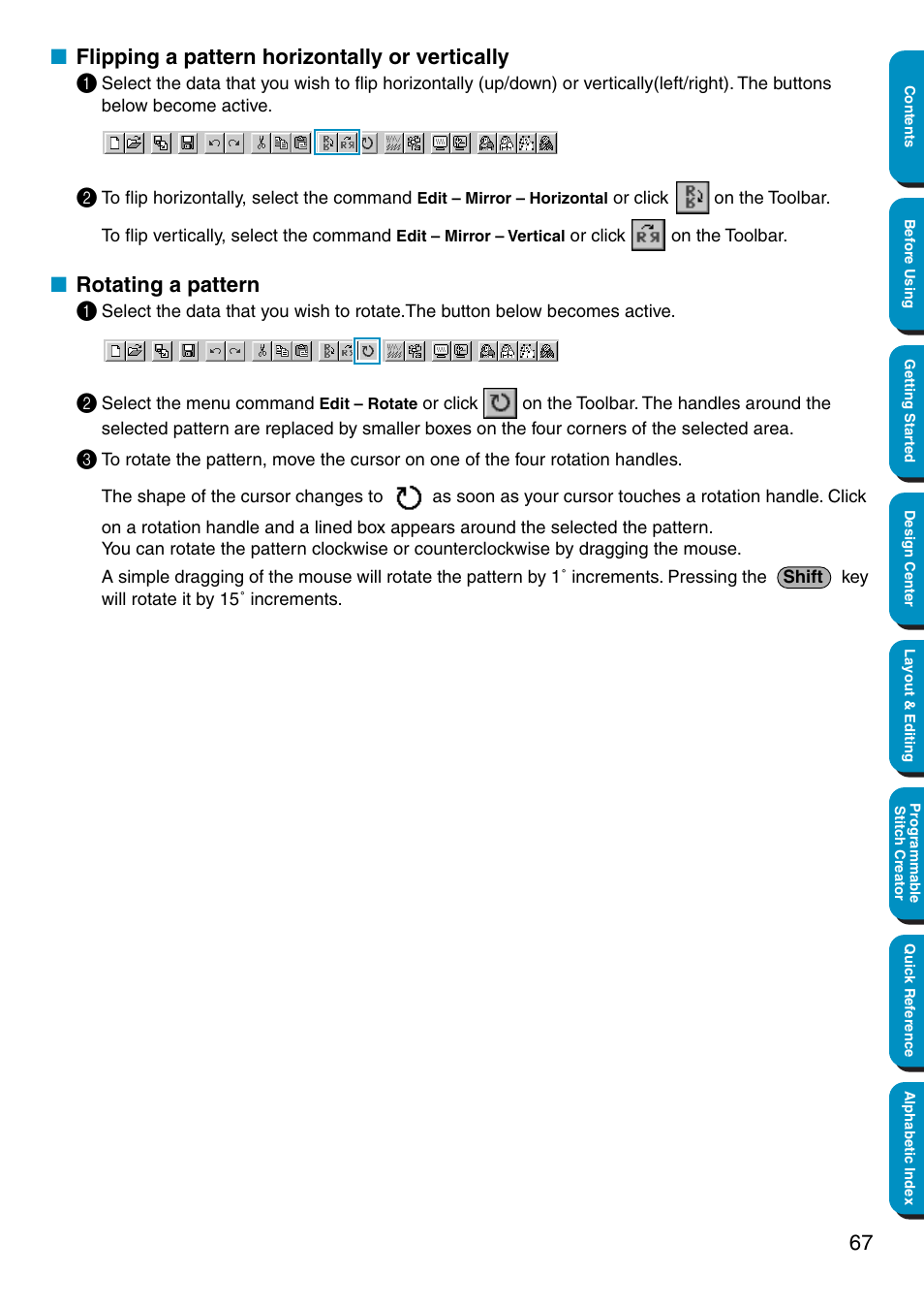 Flipping a pattern horizontally or vertically, Rotating a pattern, Flipping a pattern horizontally or vertically 1 | Rotating a pattern 1 | Brother PE-DESIGN Ver.5 User Manual | Page 75 / 274