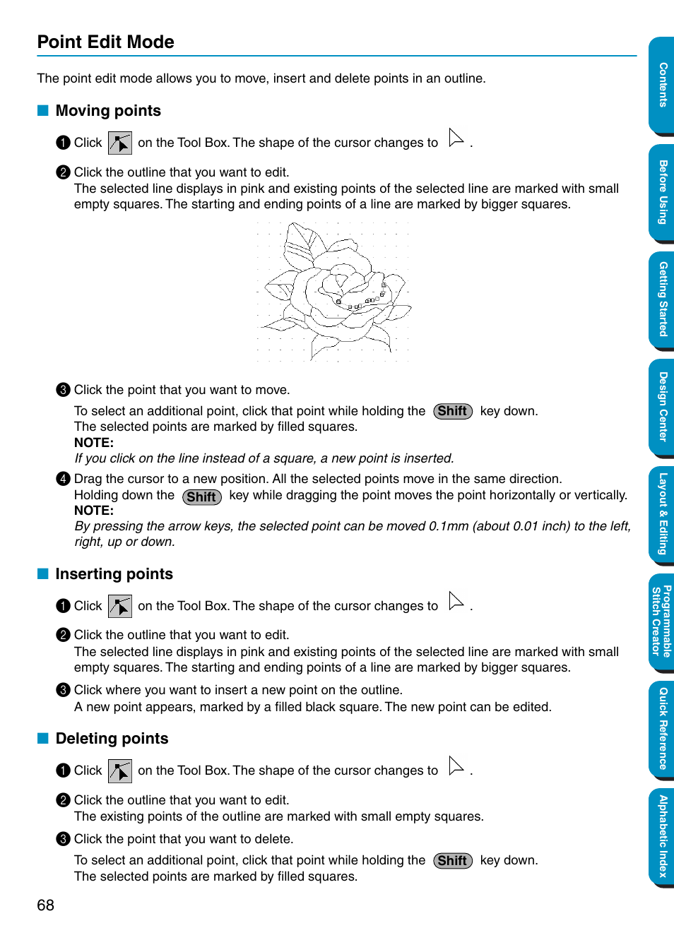 Point edit mode, Moving points, Inserting points | Deleting points, Moving points • inserting points • deleting points | Brother PE-DESIGN Ver.5 User Manual | Page 76 / 274