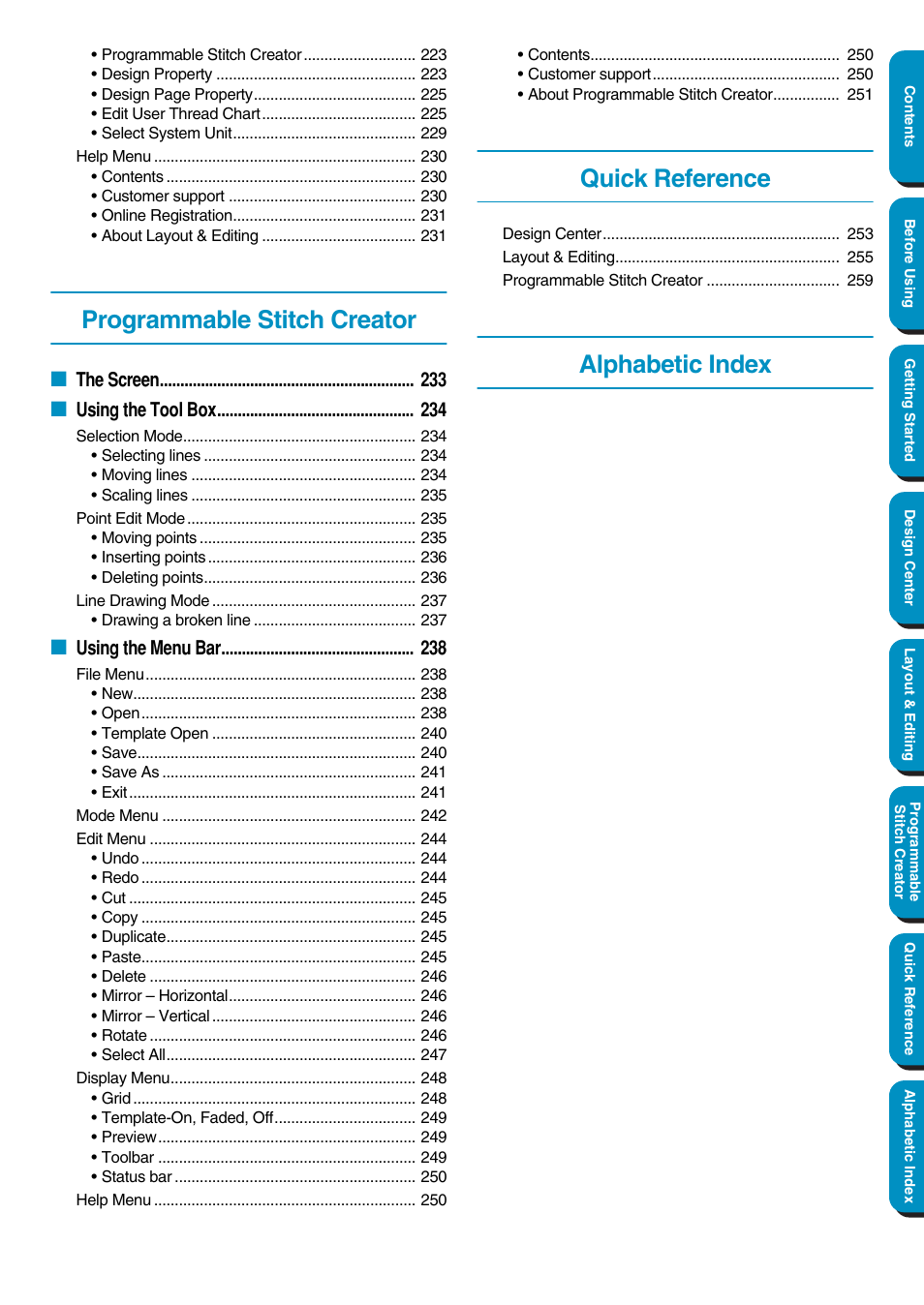 Programmable stitch creator, Quick reference, Alphabetic index | Brother PE-DESIGN Ver.5 User Manual | Page 8 / 274