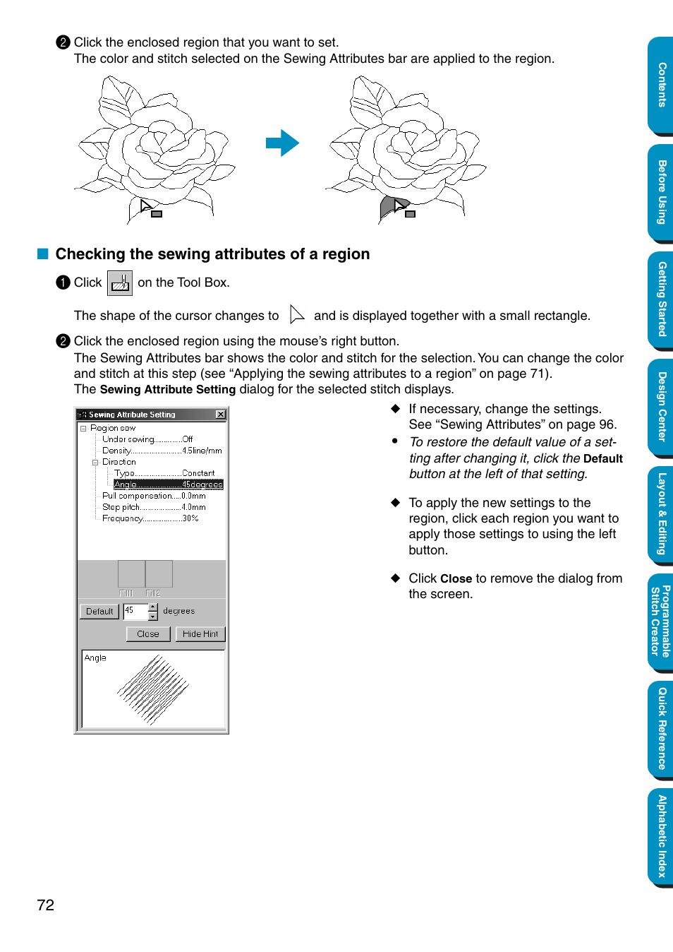 Checking the sewing attributes of a region, Checking the sewing attributes of a region 1 | Brother PE-DESIGN Ver.5 User Manual | Page 80 / 274