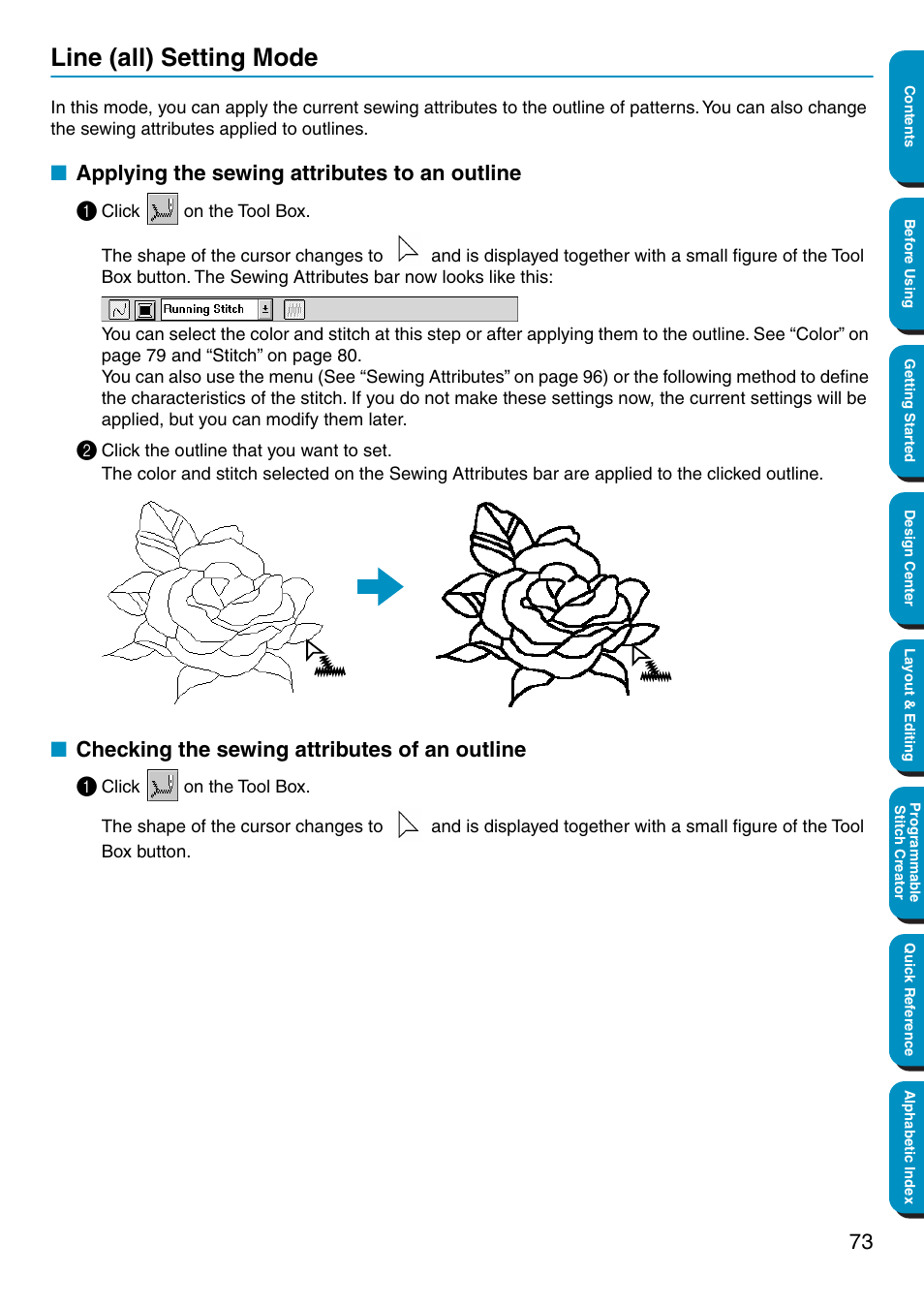 Line (all) setting mode, Applying the sewing attributes to an outline, Checking the sewing attributes of an outline | Applying the sewing attributes to an outline 1, Checking the sewing attributes of an outline 1 | Brother PE-DESIGN Ver.5 User Manual | Page 81 / 274
