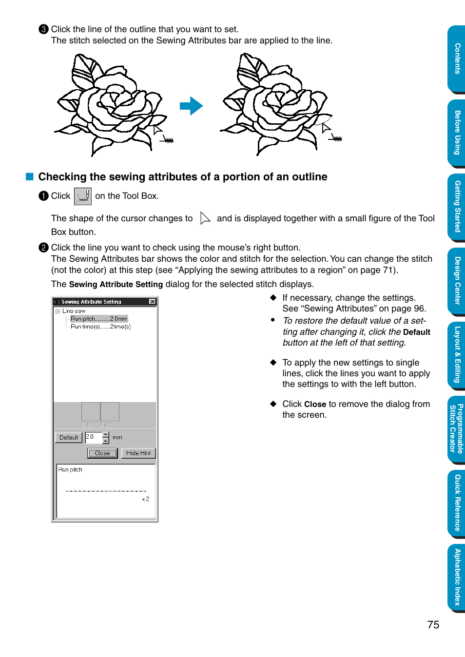 Checking the sewing attributes of a portion of an, Outline | Brother PE-DESIGN Ver.5 User Manual | Page 83 / 274