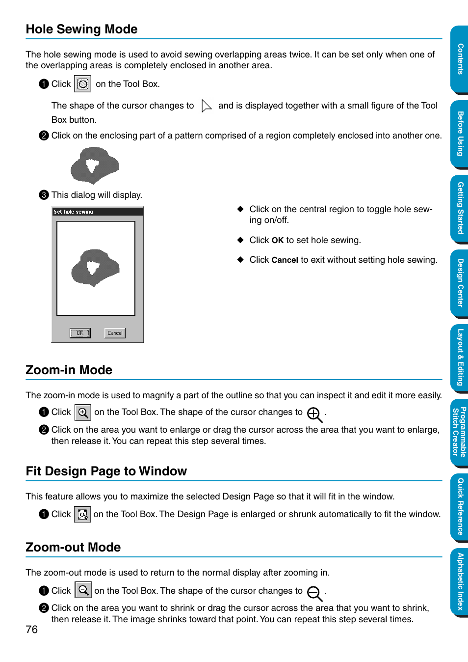 Hole sewing mode, Zoom-in mode, Zoom-out mode | Fit design page to window | Brother PE-DESIGN Ver.5 User Manual | Page 84 / 274