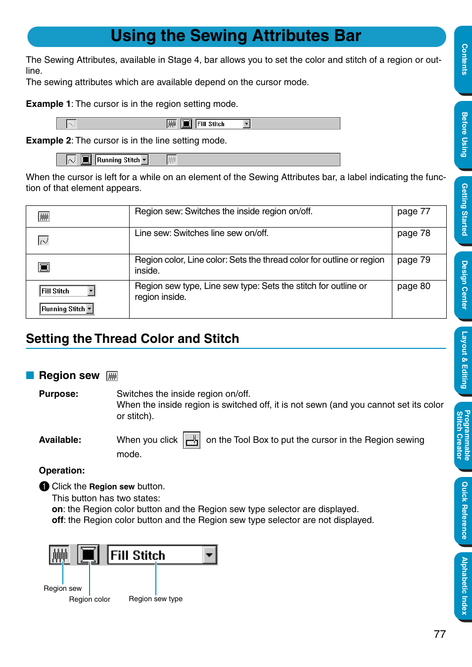 Using the sewing attributes bar, Setting the thread color and stitch, Region sew | Brother PE-DESIGN Ver.5 User Manual | Page 85 / 274