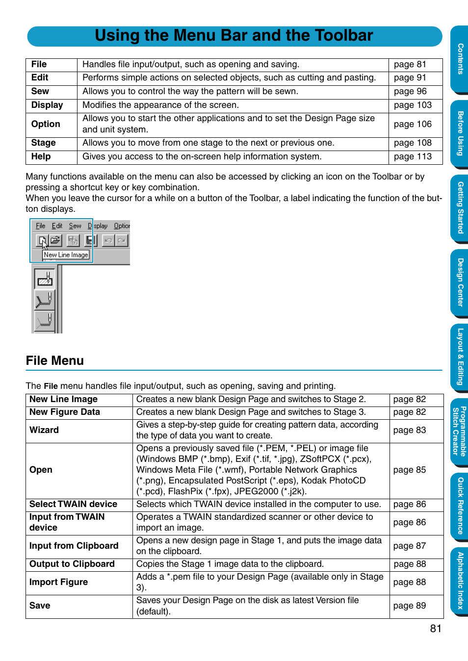 Using the menu bar and the toolbar, File menu | Brother PE-DESIGN Ver.5 User Manual | Page 89 / 274