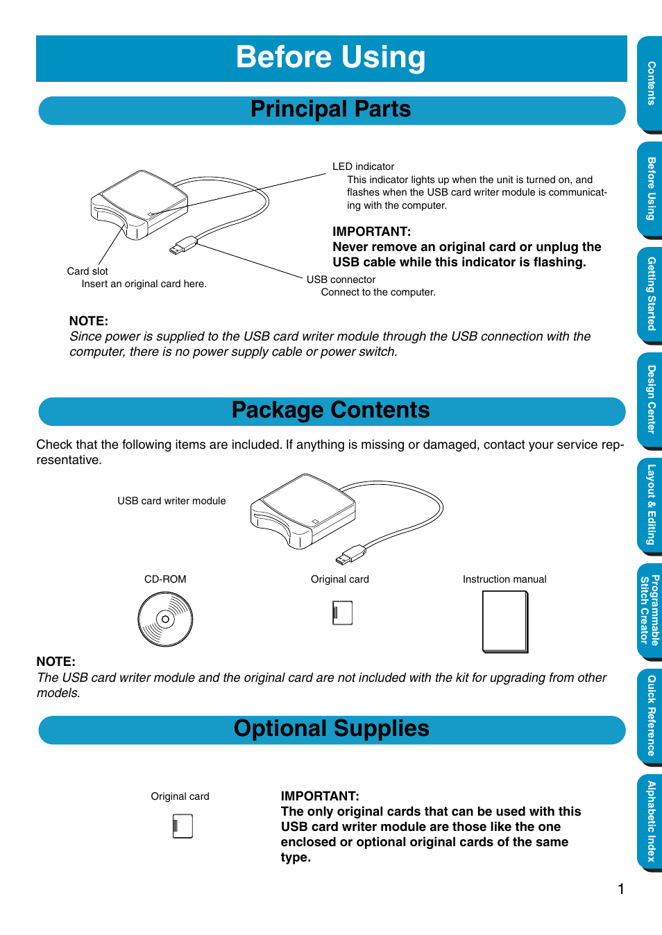 Before using, Principal parts, Package contents | Optional supplies | Brother PE-DESIGN Ver.5 User Manual | Page 9 / 274
