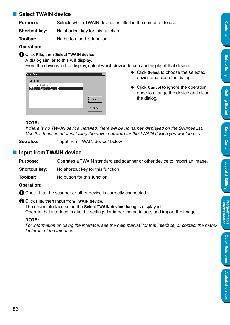 Select twain device, Input from twain device, Select twain device • input from twain device | Brother PE-DESIGN Ver.5 User Manual | Page 94 / 274