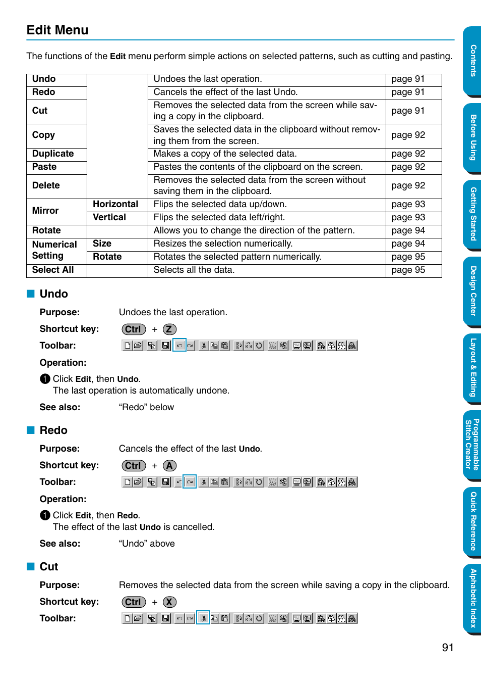 Edit menu, Undo, Redo | Undo • redo • cut | Brother PE-DESIGN Ver.5 User Manual | Page 99 / 274