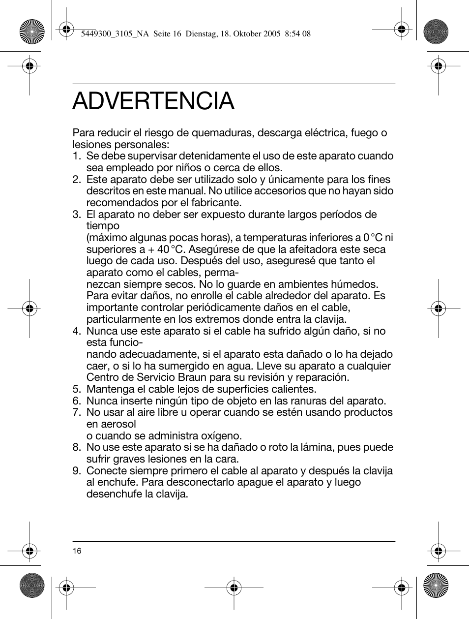 Advertencia | Braun 3105-5449 InterFace Excel User Manual | Page 16 / 20