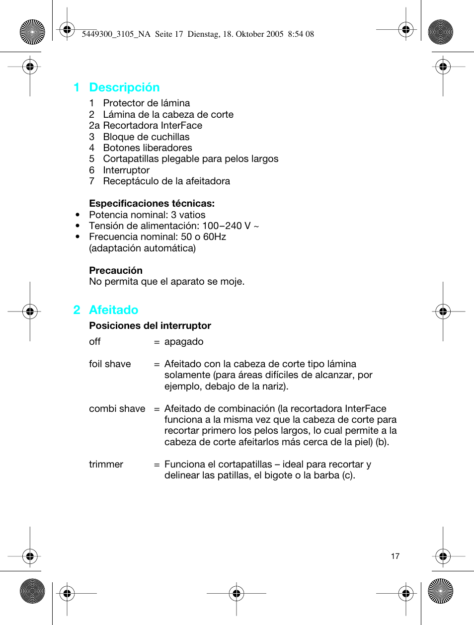 1 descripción, 2 afeitado | Braun 3105-5449 InterFace Excel User Manual | Page 17 / 20