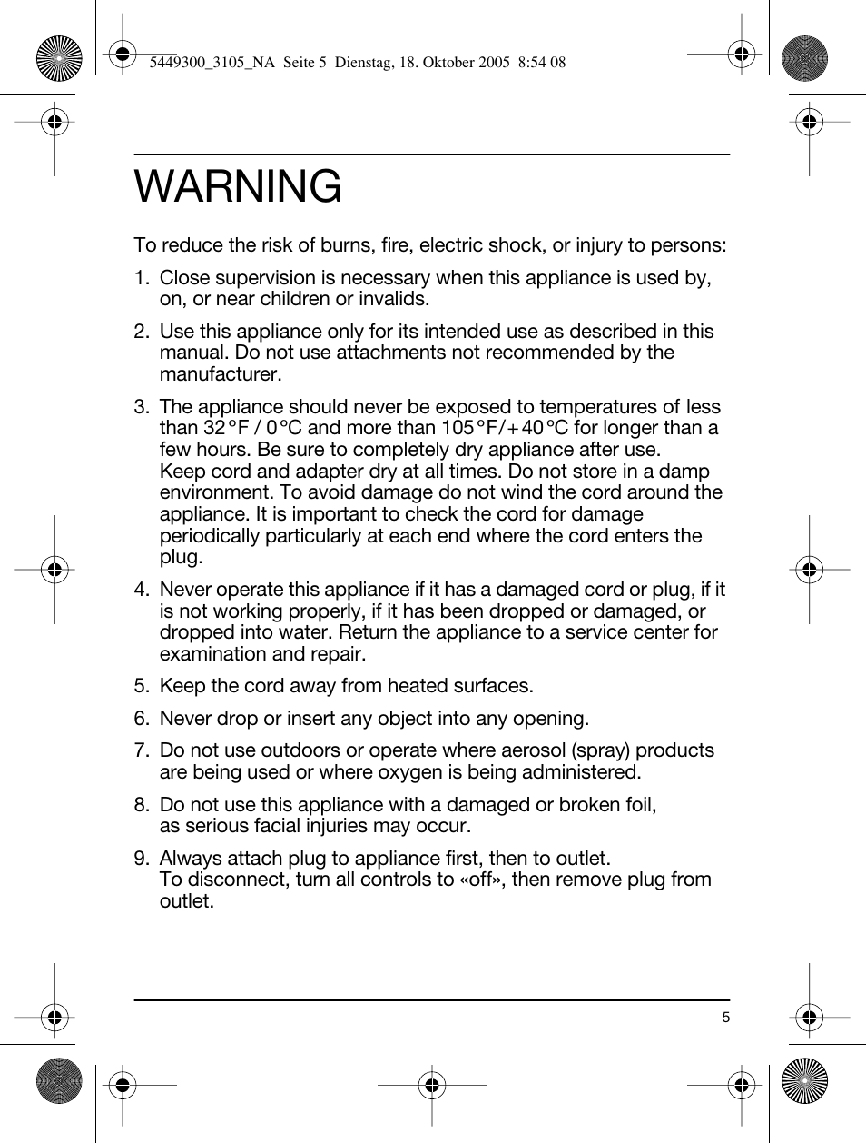 Warning | Braun 3105-5449 InterFace Excel User Manual | Page 5 / 20