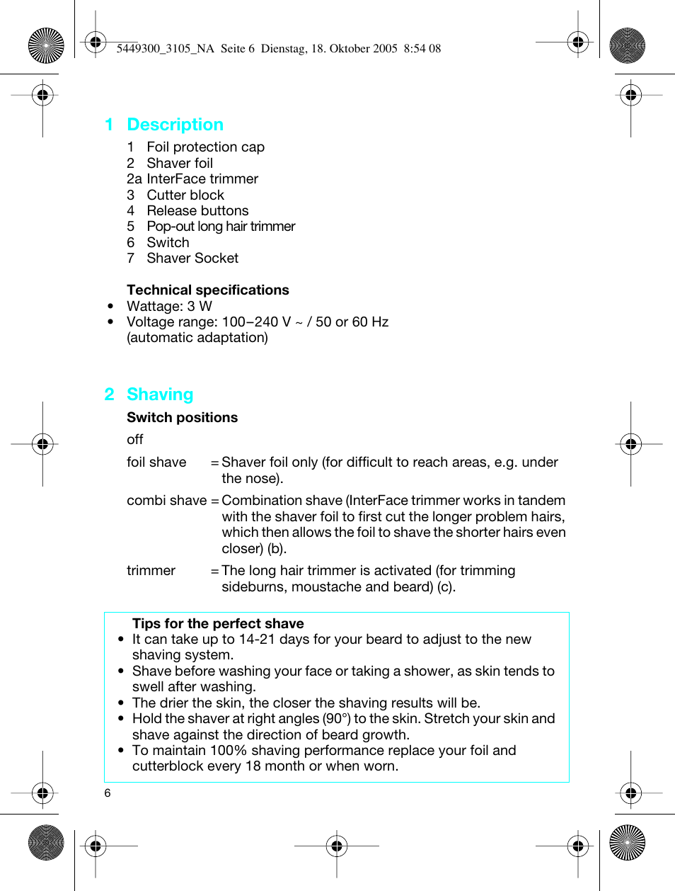 1 description, 2 shaving | Braun 3105-5449 InterFace Excel User Manual | Page 6 / 20