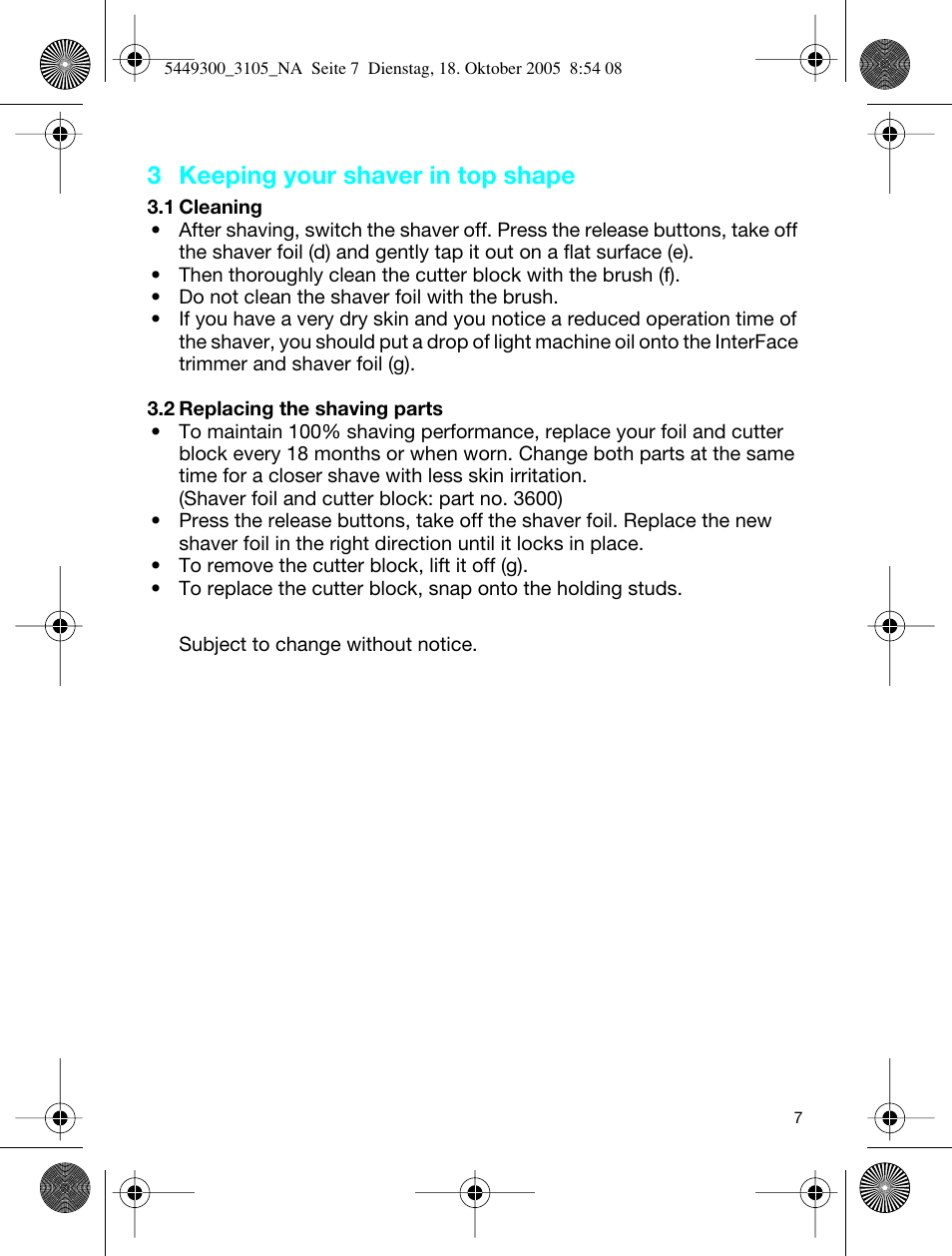3 keeping your shaver in top shape | Braun 3105-5449 InterFace Excel User Manual | Page 7 / 20