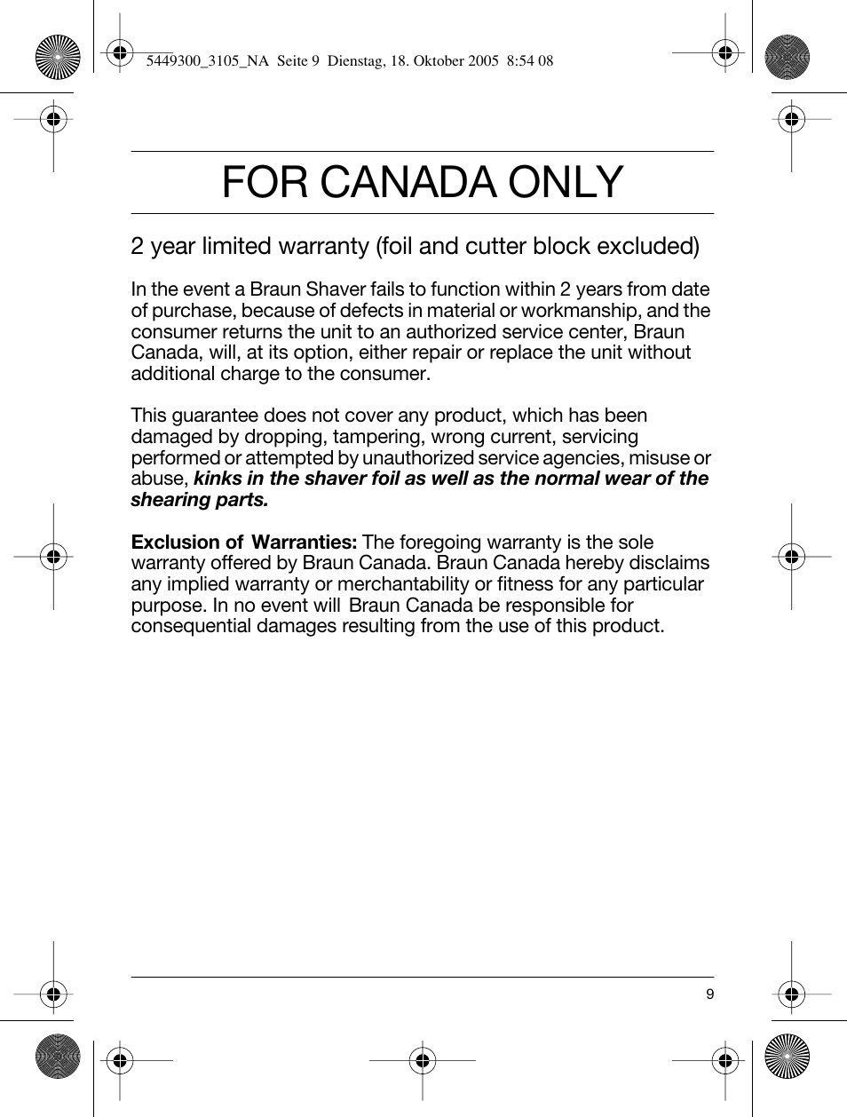 For canada only | Braun 3105-5449 InterFace Excel User Manual | Page 9 / 20