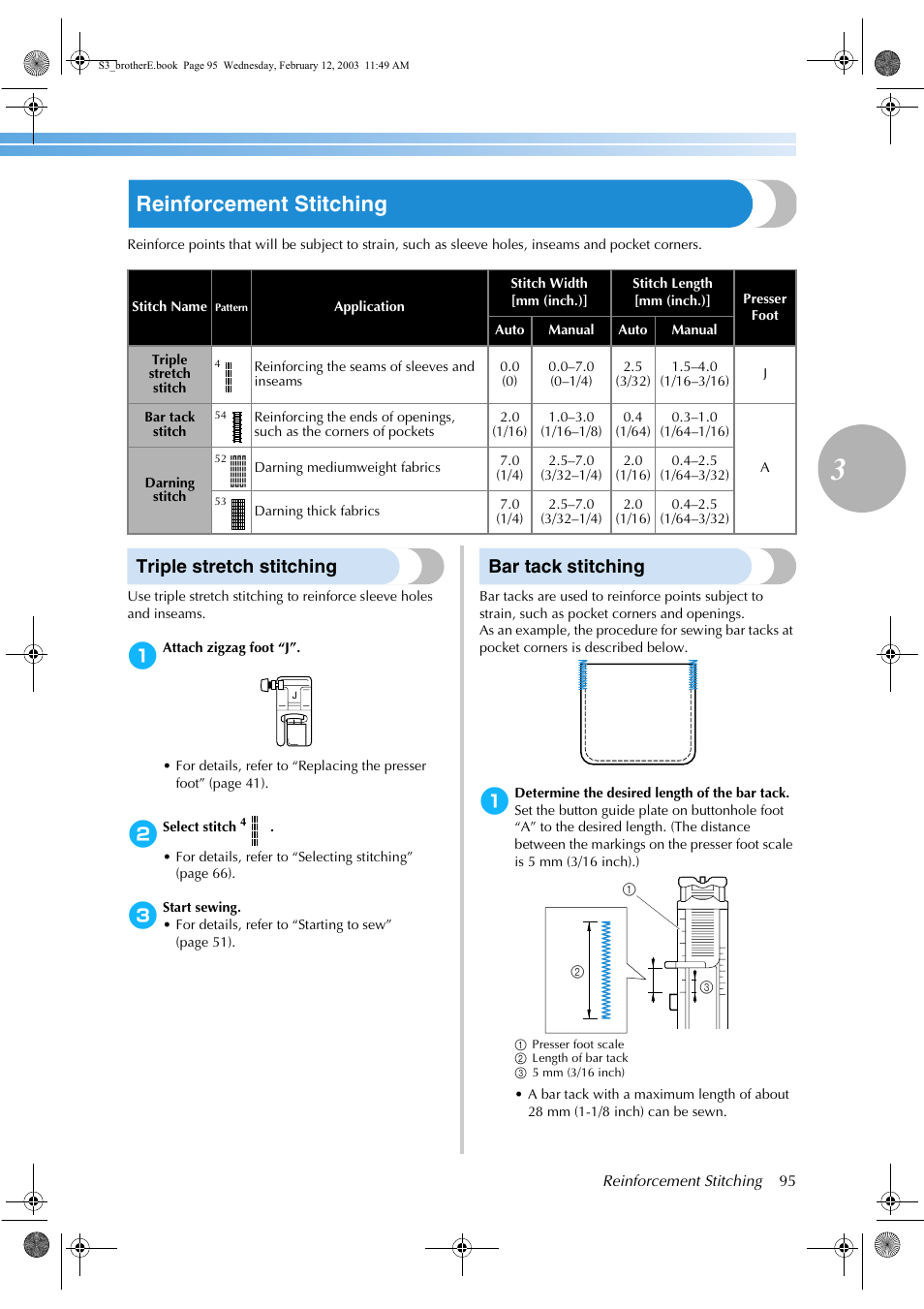 Reinforcement stitching, Triple stretch stitching, Bar tack stitching | Brother CS-8150 User Manual | Page 101 / 140