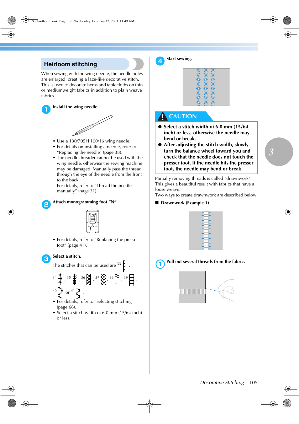 Heirloom stitching, Caution | Brother CS-8150 User Manual | Page 111 / 140