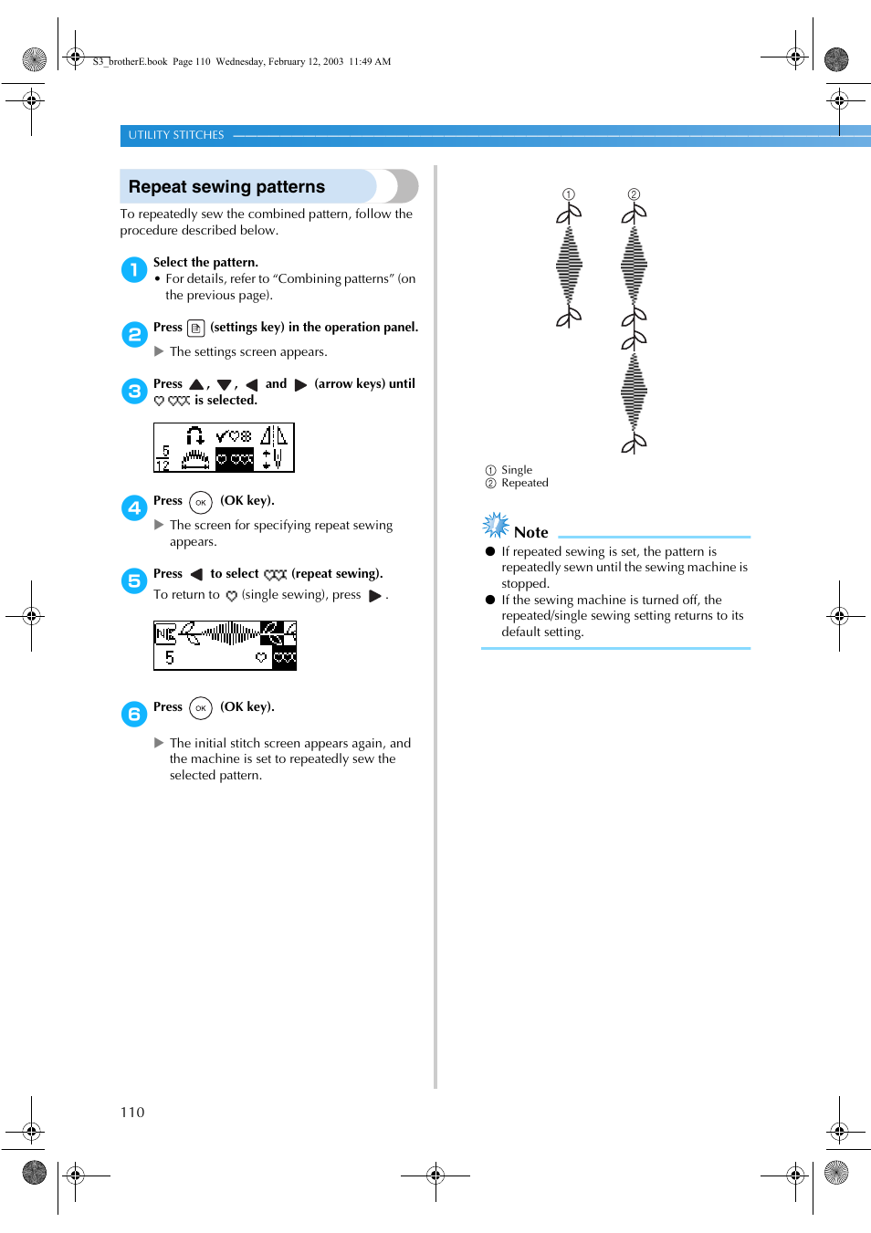 Repeat sewing patterns | Brother CS-8150 User Manual | Page 116 / 140