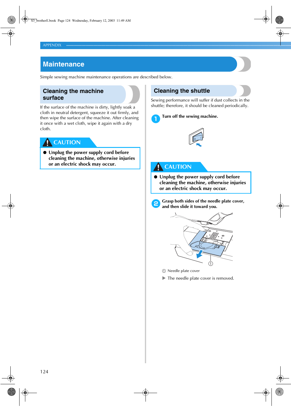 Maintenance, Cleaning the machine surface, Cleaning the shuttle | Caution | Brother CS-8150 User Manual | Page 130 / 140