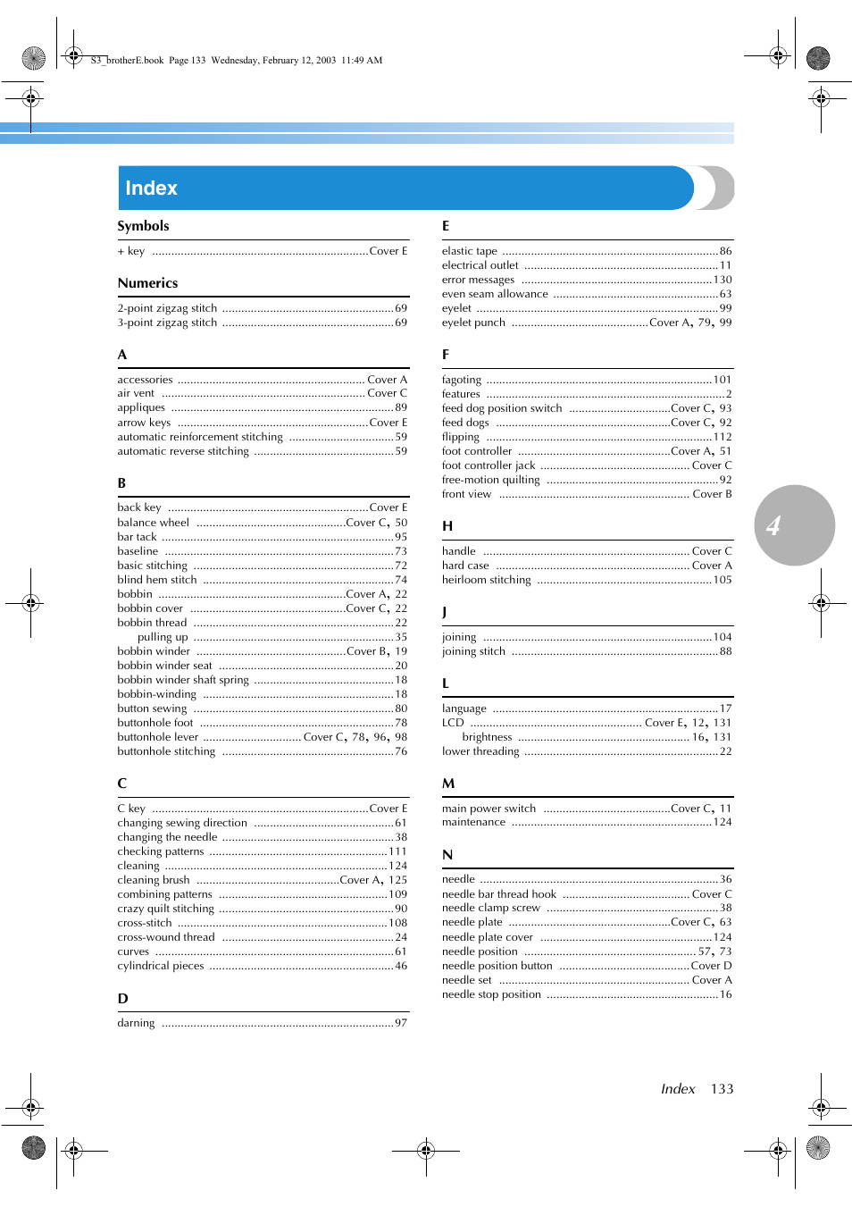 Index | Brother CS-8150 User Manual | Page 139 / 140