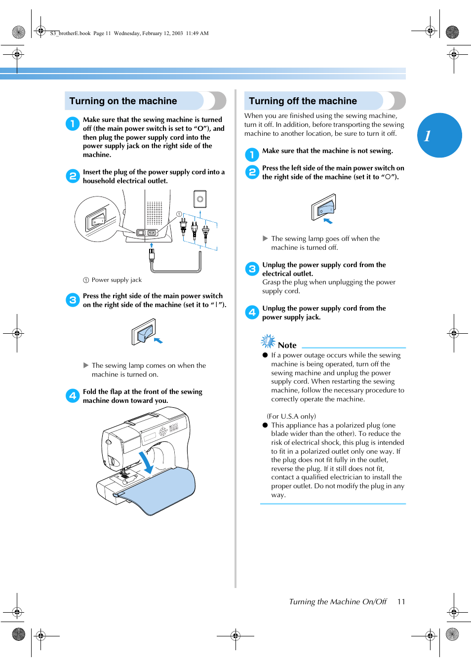 Turning on the machine, Turning off the machine | Brother CS-8150 User Manual | Page 17 / 140