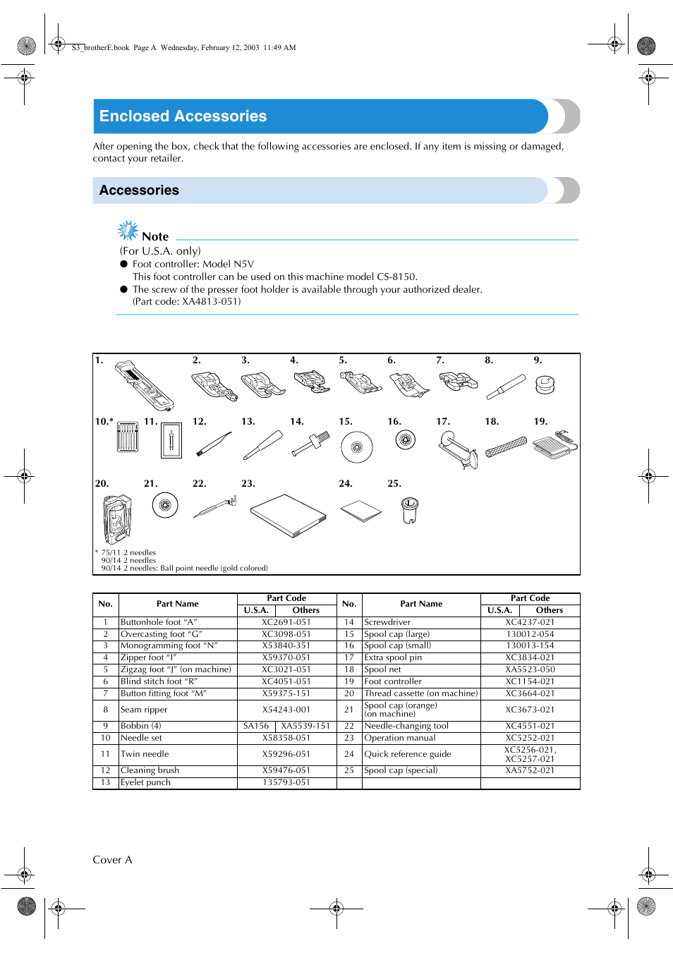 Enclosed accessories, Accessories | Brother CS-8150 User Manual | Page 2 / 140