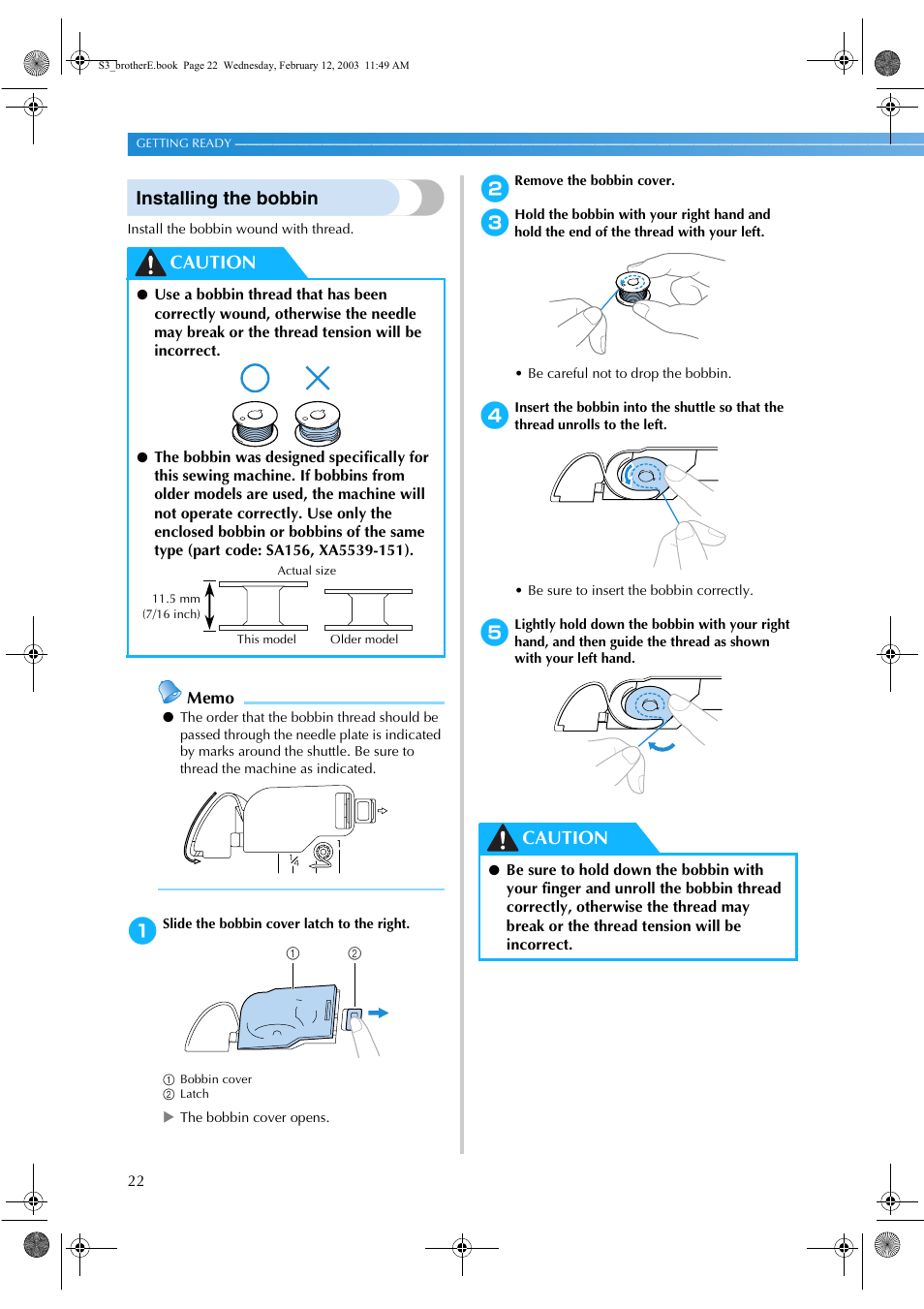 Installing the bobbin, Caution | Brother CS-8150 User Manual | Page 28 / 140