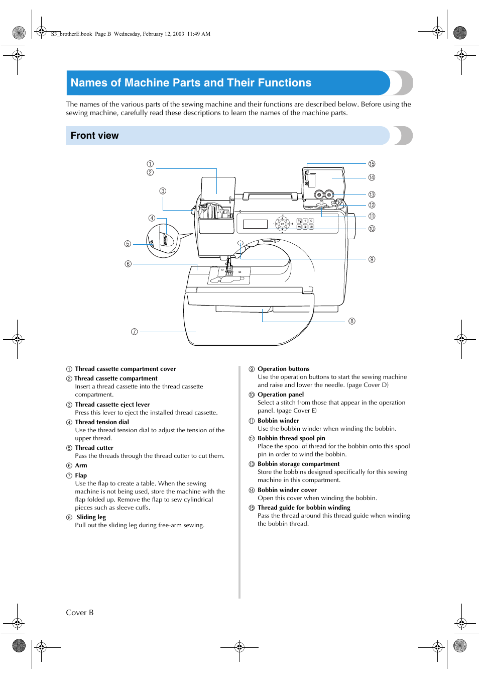 Names of machine parts and their functions, Front view | Brother CS-8150 User Manual | Page 3 / 140