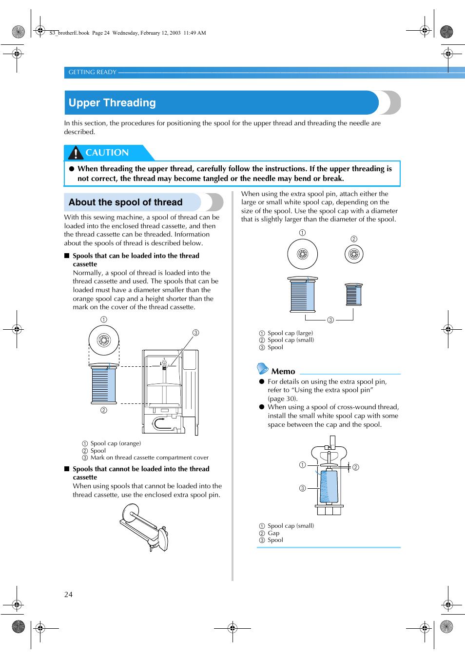 Upper threading, About the spool of thread, Caution | Brother CS-8150 User Manual | Page 30 / 140