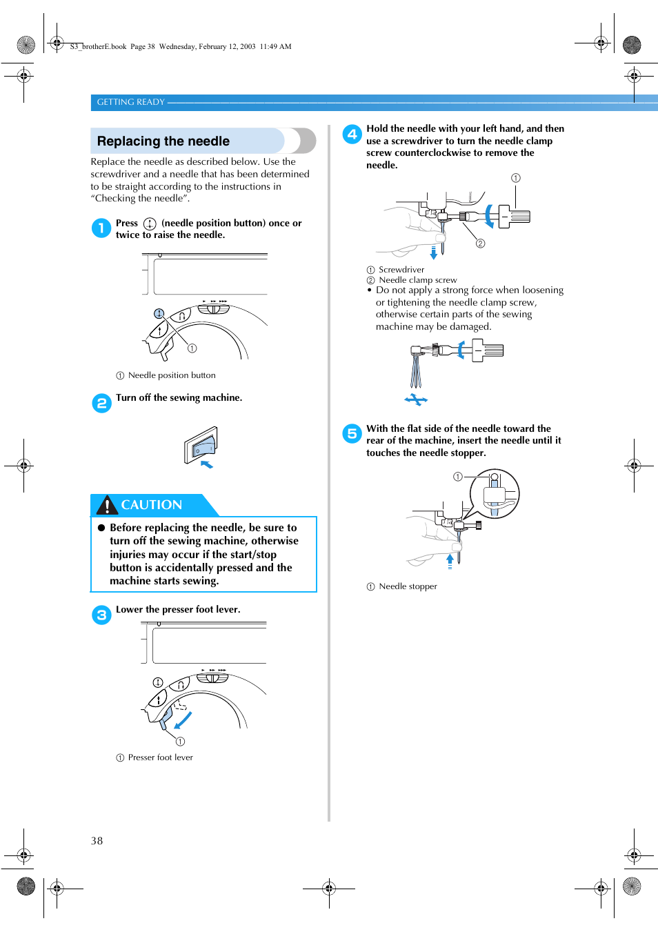 Replacing the needle, Caution | Brother CS-8150 User Manual | Page 44 / 140