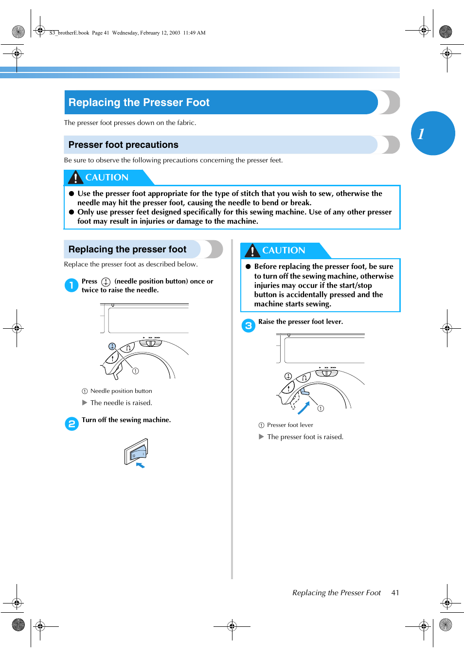 Replacing the presser foot, Presser foot precautions, Caution | Brother CS-8150 User Manual | Page 47 / 140