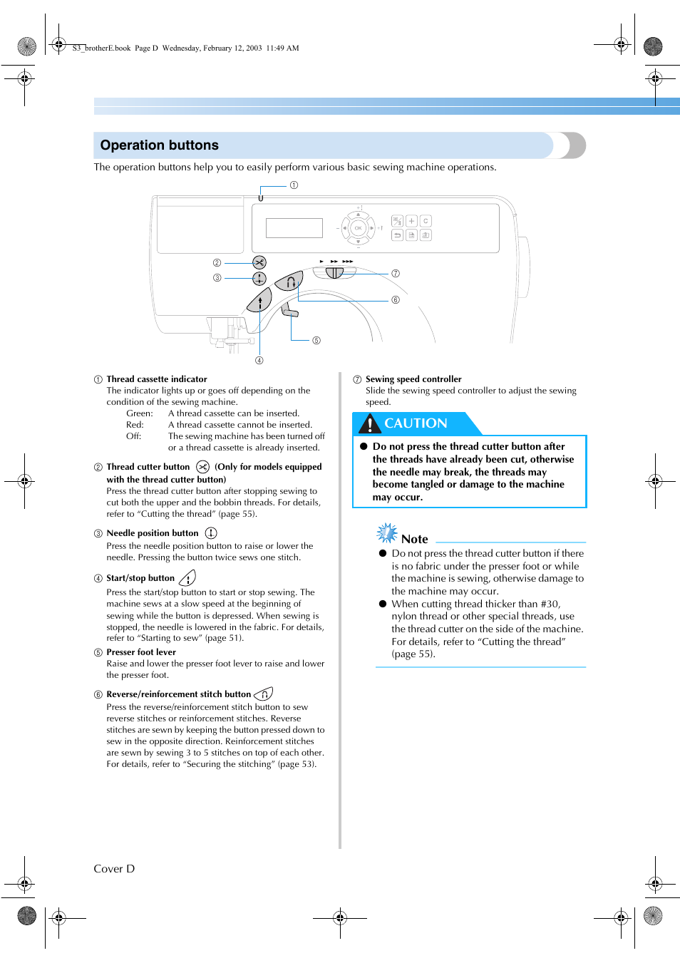 Operation buttons, Caution | Brother CS-8150 User Manual | Page 5 / 140