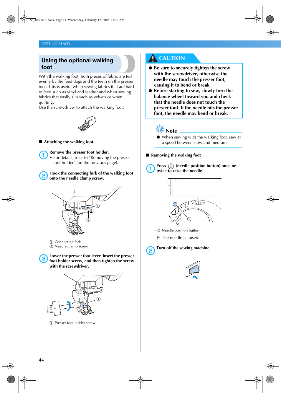 Using the optional walking foot, Caution | Brother CS-8150 User Manual | Page 50 / 140