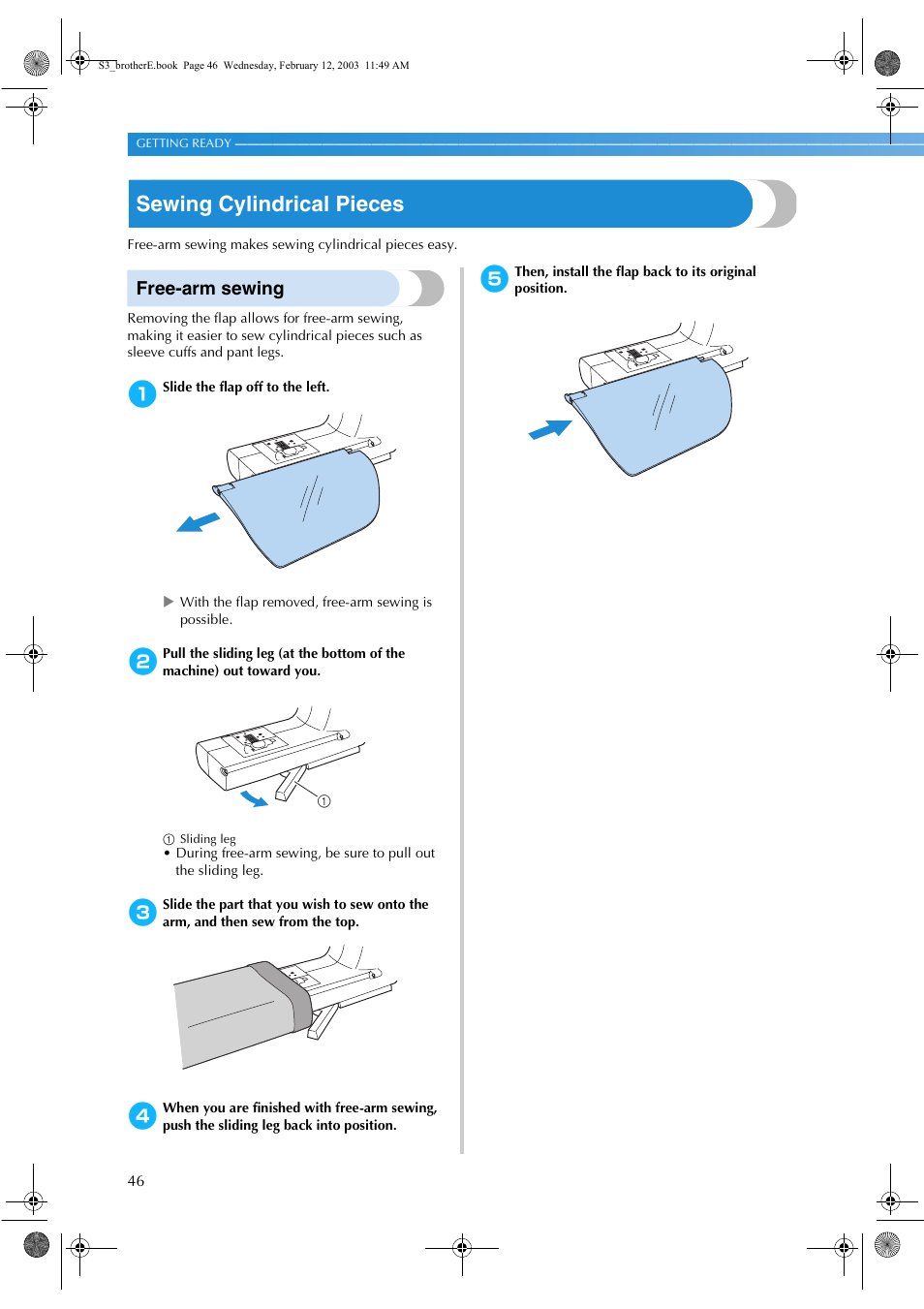 Sewing cylindrical pieces, Free-arm sewing | Brother CS-8150 User Manual | Page 52 / 140