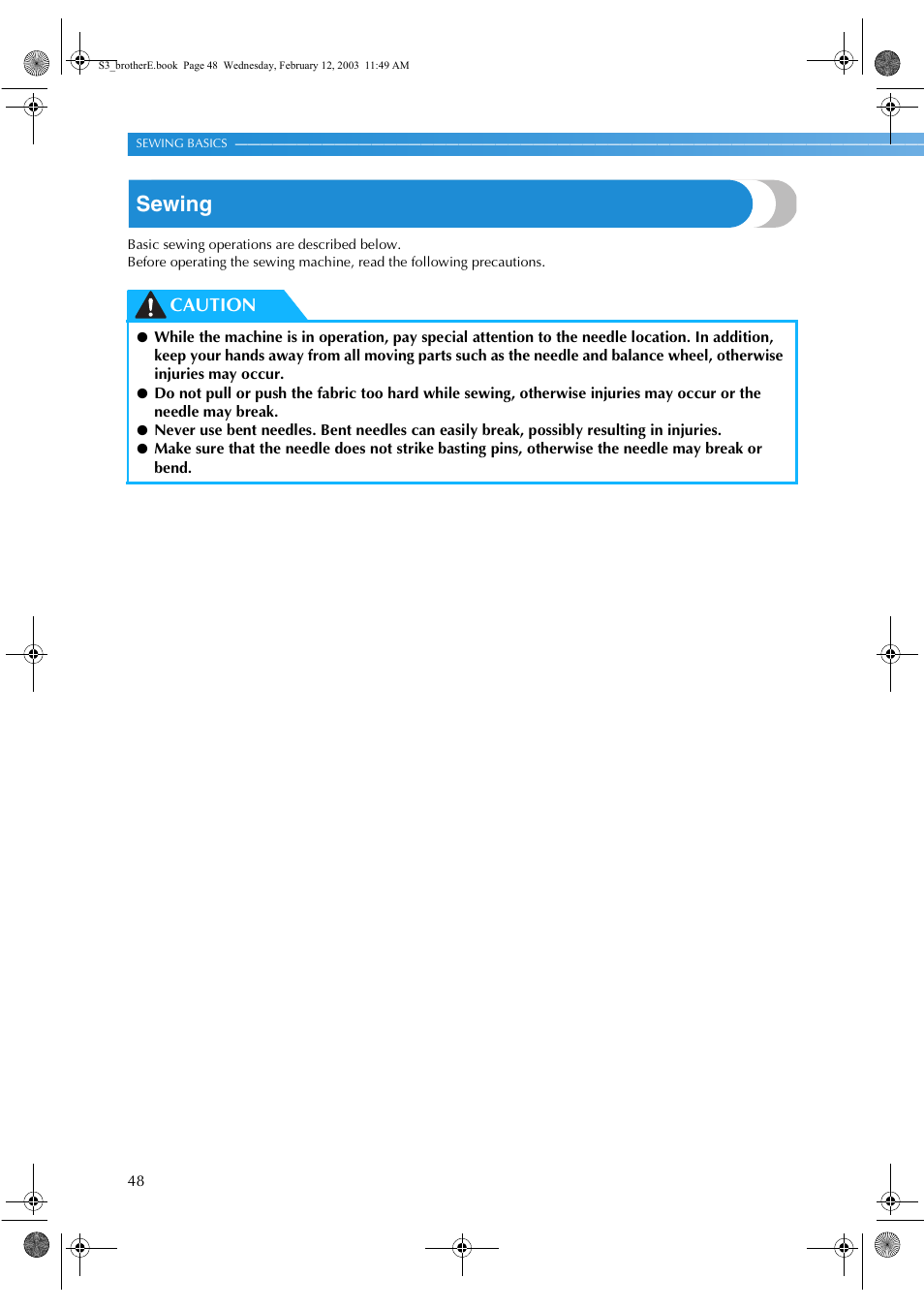 Sewing, Caution | Brother CS-8150 User Manual | Page 54 / 140