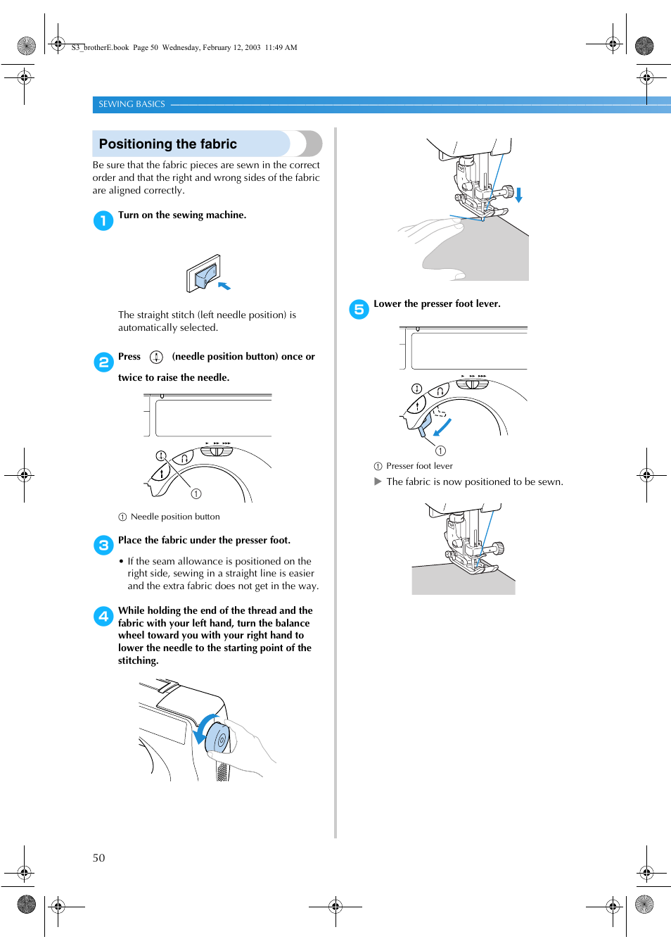 Positioning the fabric | Brother CS-8150 User Manual | Page 56 / 140