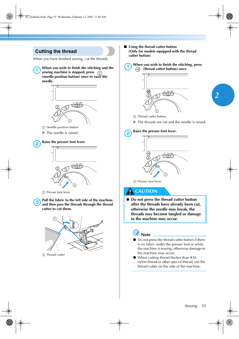Cutting the thread, Caution | Brother CS-8150 User Manual | Page 61 / 140